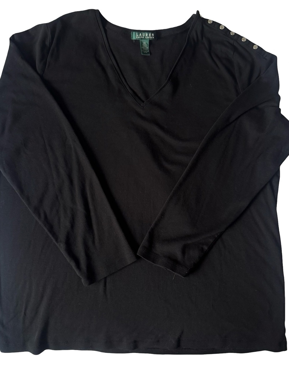 Lauren Ralph Lauren Black Cotton V-Neck Long Sleeve Top with Shoulder Buttons
